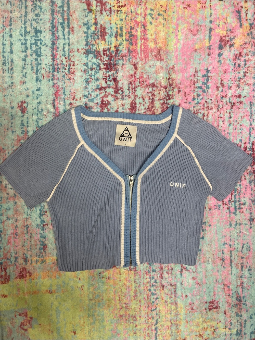 UNIF Dusty Blue Ribbed Zip Crop Top with Cream Piping
